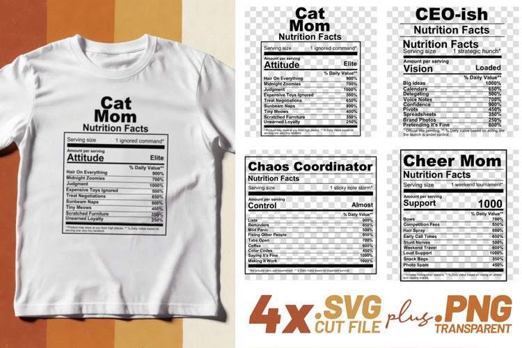 4x Nutrition Facts Cat Mom CEO Chaos Cheer SVG File Design