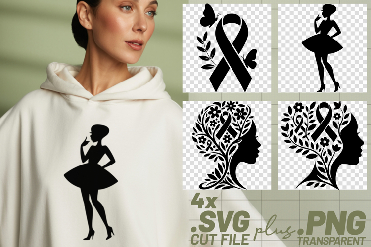 4x Breast Cancer Awareness Ribbon Butterfly Woman SVG Files