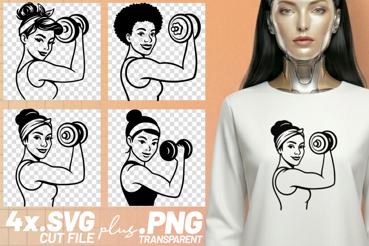 4x Fitness Women Dumbbell Flex Afro Bandana SVG Cut Files
