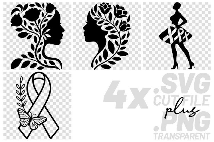 4x Cancer Awareness Floral Woman Ribbon SVG Cut Files