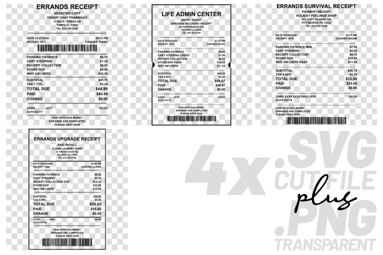 4x Errand Receipts Taskmaster Funny SVG Cut Files Design Art