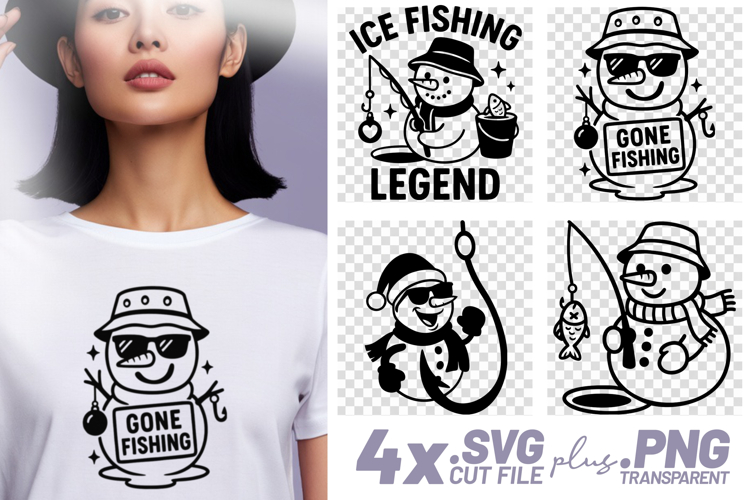 4x Ice Fishing Snowman Legend Gone Fishing SVG Cut Files Art