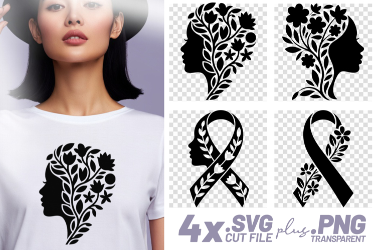 4x Breast Cancer Awareness Floral Woman SVG Cut Files