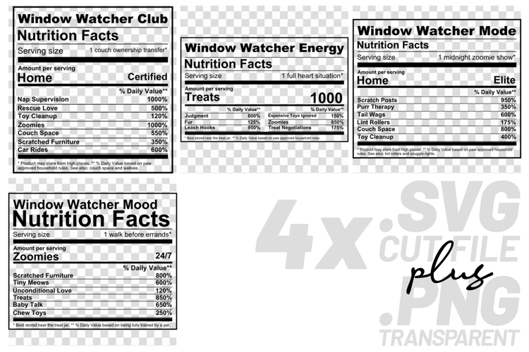 4x Funny Quotes Window Watcher Nutrition Facts SVG Cut Files