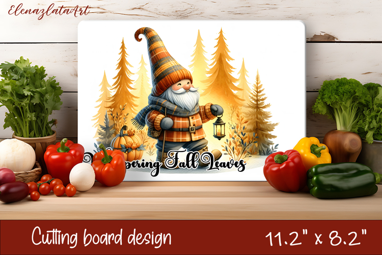 Gnome cutting board for Autumn, pumpkins, leaves