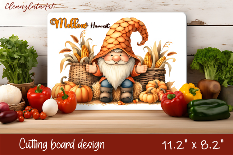 Gnome cutting board for Autumn, pumpkins, leaves