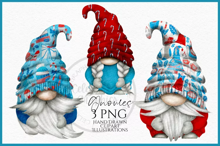 Red Blue Christmas Gnomes Watercolour Clipart PNG