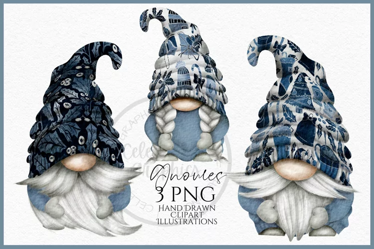 Blue Christmas Gnomes Watercolour Clipart PNG