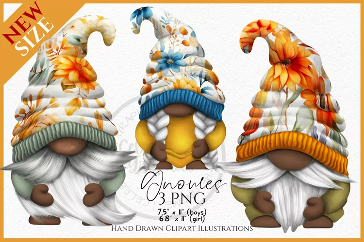 Fall Flowers Dark Skin Gnomes Watercolour Clipart PNG