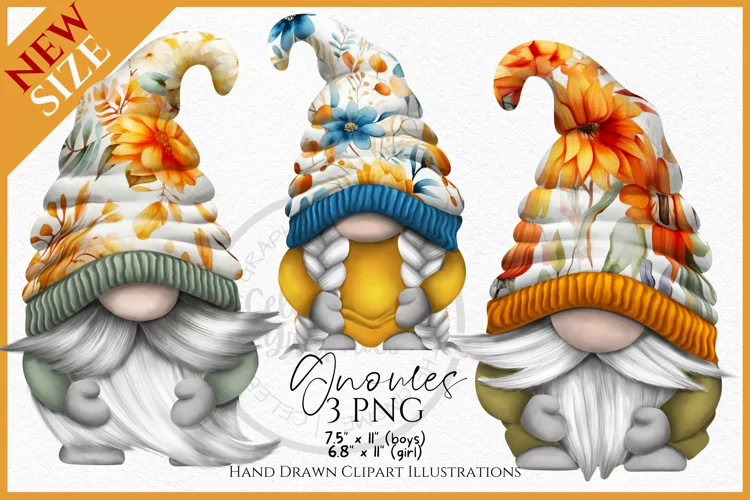 Autumn Floral Gnomes Watercolour Clipart PNG