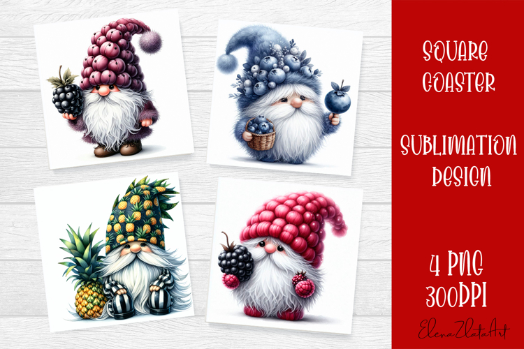 Cute berry gnome square coaster Sublimation PNG