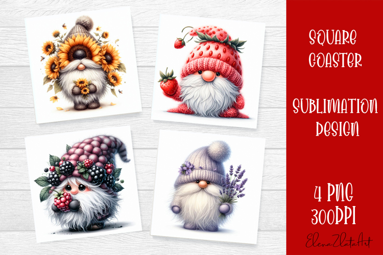 Cute berry gnome square coaster Sublimation PNG