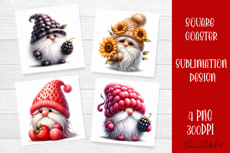 Cute berry gnome square coaster Sublimation PNG