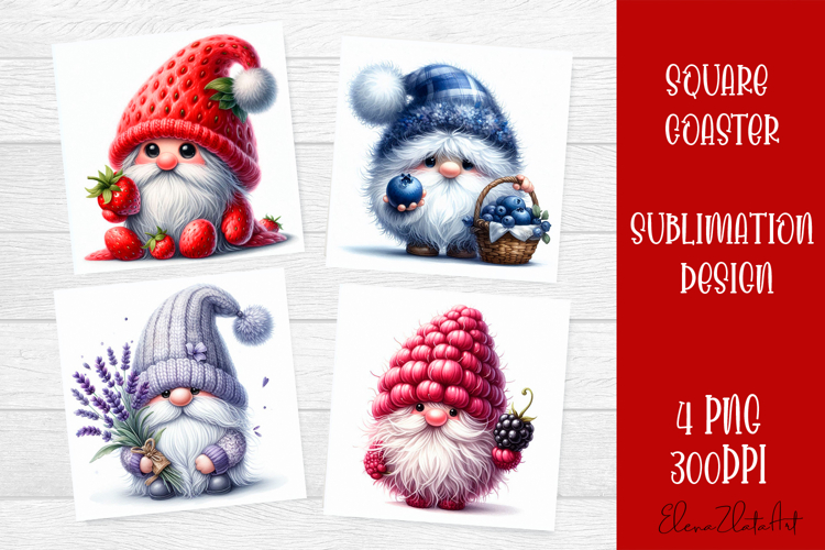 Cute berry gnome square coaster Sublimation PNG
