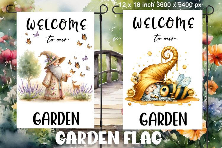 Garden greeting flag, sublimation of a gnome, summer flowers