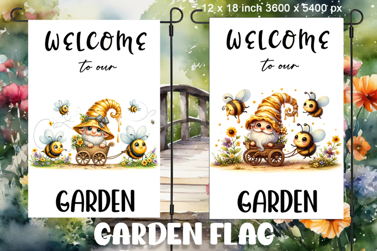 Garden greeting flag, sublimation of a gnome, summer flowers