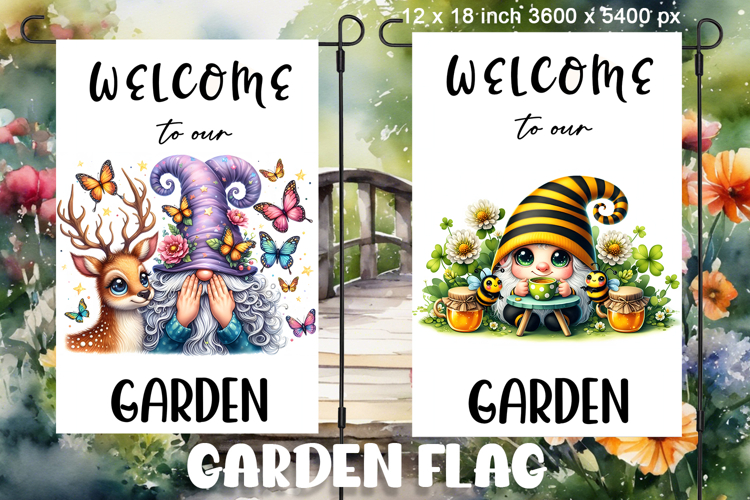 Garden greeting flag, sublimation of a gnome, summer flowers