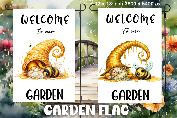 Garden greeting flag, sublimation of a gnome, summer flowers