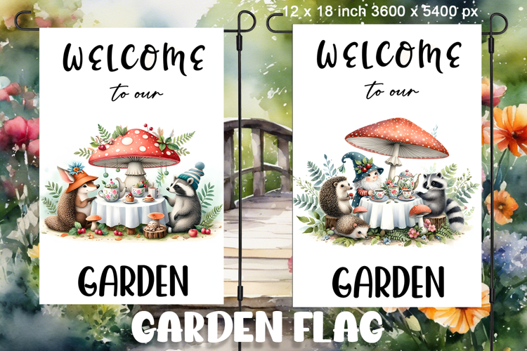 Garden greeting flag, sublimation of a gnome, summer flowers
