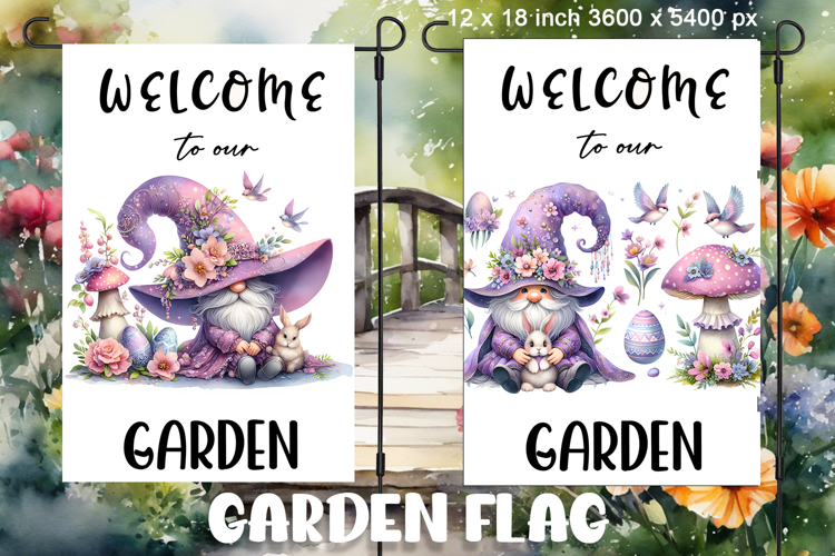 Garden greeting flag, sublimation of a gnome, summer flowers