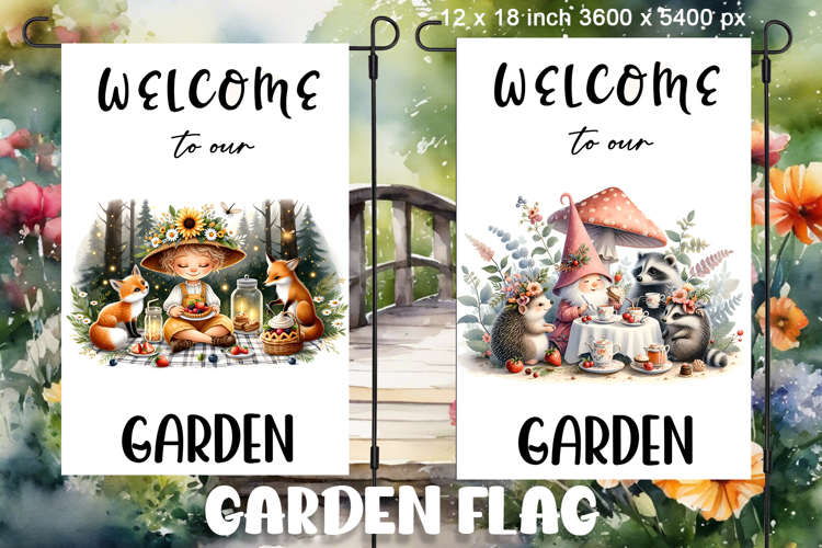 Garden greeting flag, sublimation of a gnome, summer flowers