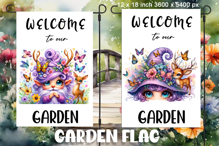 Garden greeting flag, sublimation of a gnome, summer flowers
