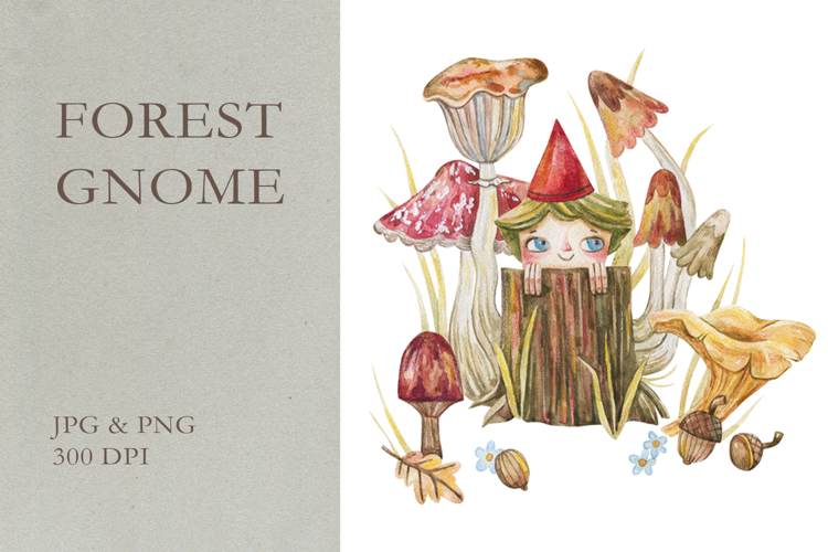 Cute Watercolor Forest Gnome Peeking Behind Mushroom