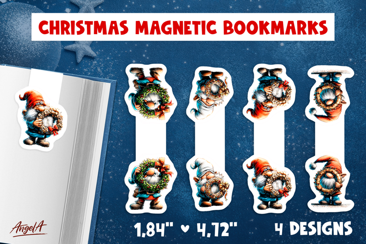 Christmas magnetic bookmarks Cute gnome wreath print and cut