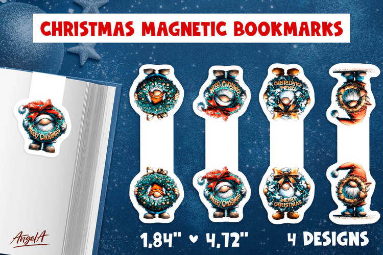 Christmas magnetic bookmarks Cute gnome wreath print and cut