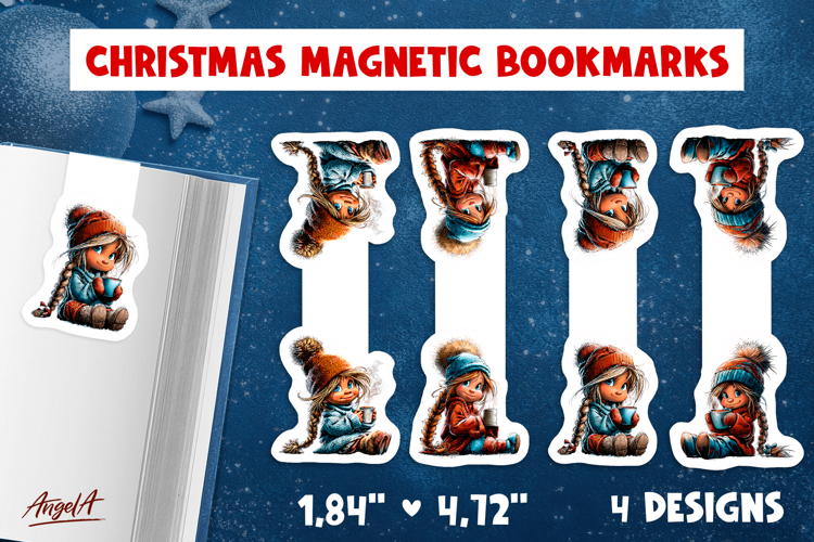 Christmas magnetic bookmarks girl with hot cocoa mug print