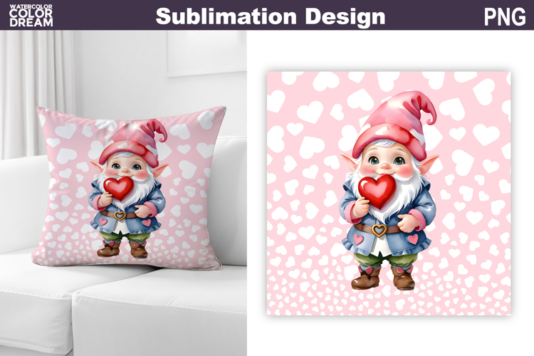 Gnome Heart Sublimation | Cute Gnome Valentine Pillow Design