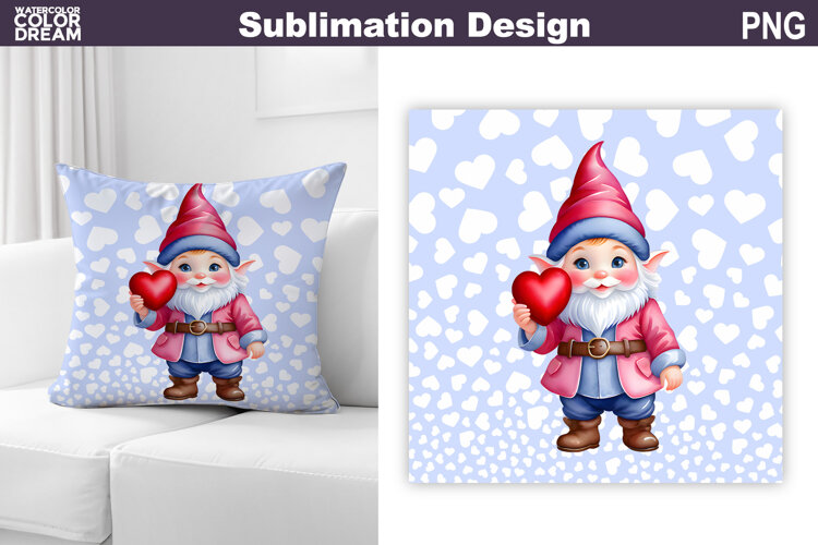 Gnome Heart Sublimation | Cute Gnome Valentine Pillow Design example image 1
