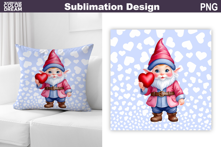 Gnome Heart Sublimation | Cute Gnome Valentine Pillow Design