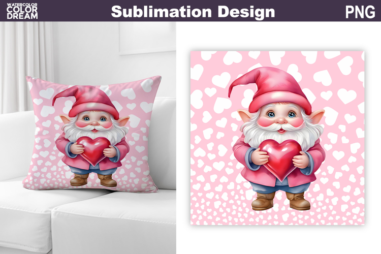 Gnome Heart Sublimation | Cute Gnome Valentine Pillow Design