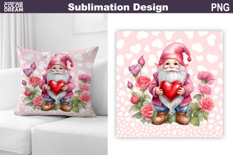 Gnome Heart Sublimation | Cute Gnome Valentine Pillow Design