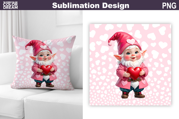 Gnome Heart Sublimation | Cute Gnome Valentine Pillow Design