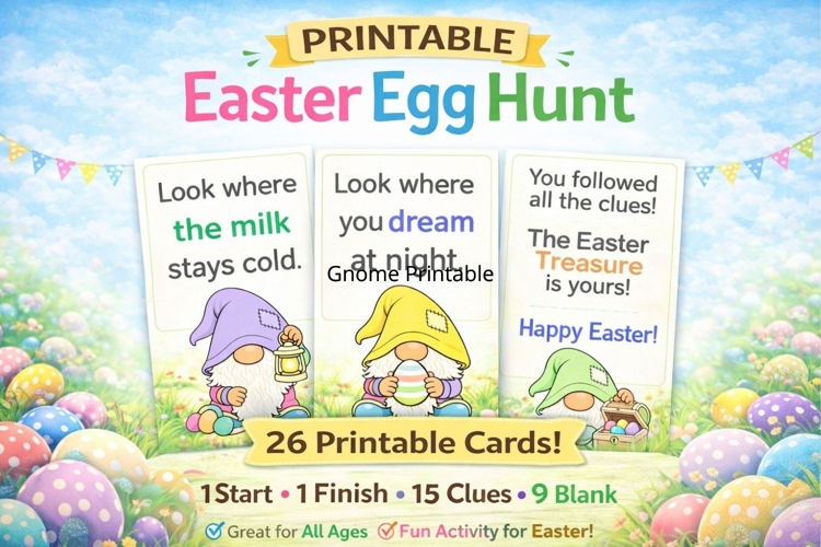26 Gnome Easter Egg Hunt Printable Clue Cards for Kids