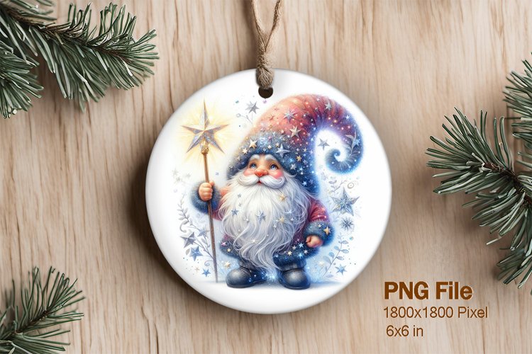 Gnome Santa Christmas Ornament Round Watercolor Sublimation