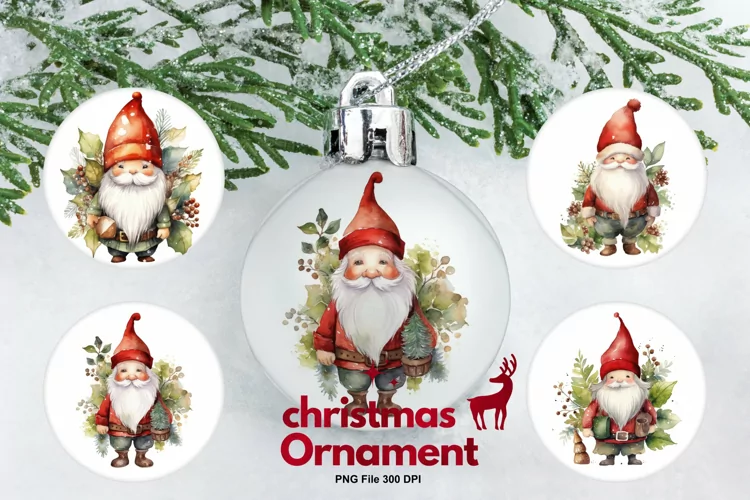 Gnome Santa Christmas Ornament Round Watercolor Sublimation
