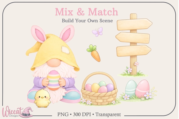 Easter Gnome Scene Creator PNG Bundle Mix & Match Clipart,
