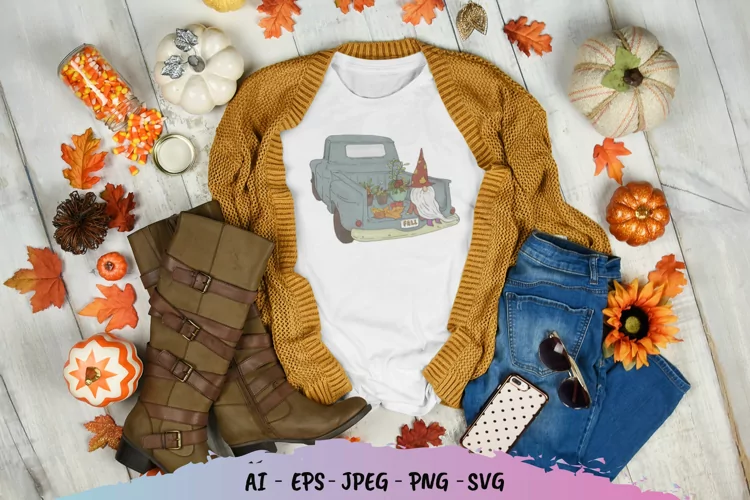 Gnome Sit on Fall Vintage Truck Watercolor