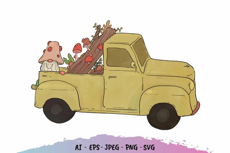 Fall Vintage Truck with Gnome - Watercolor Design