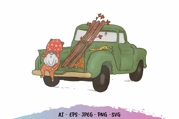 Fall Vintage Truck with Gnome - Watercolor Design