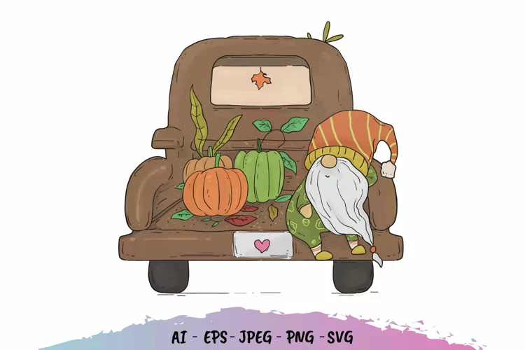 Fall Vintage Truck with Gnome - Watercolor Design
