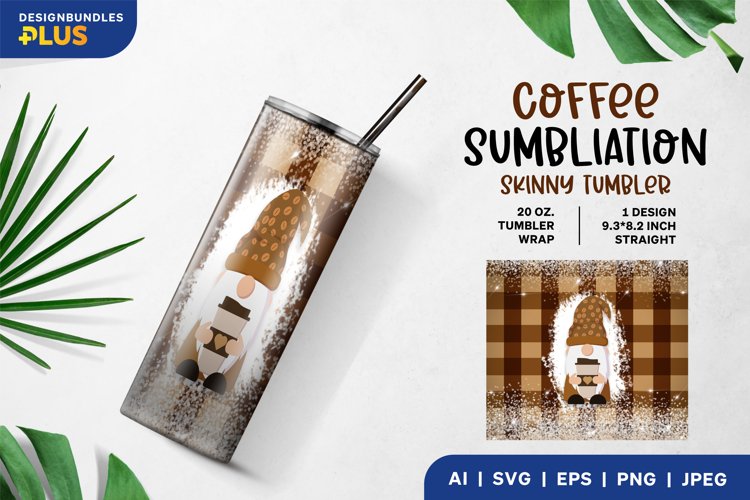 Coffee Lover Gnome on Plaid Pattern, 20oz Tumbler Wrap PNG