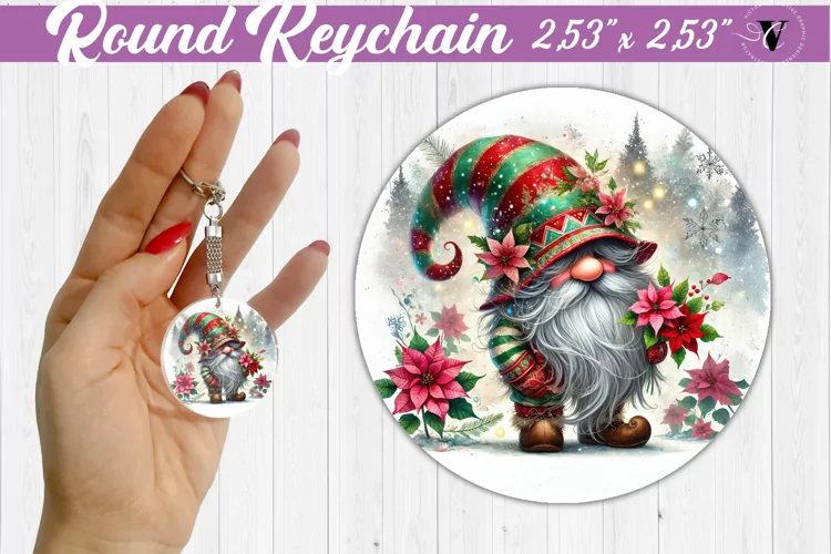 Round Keychain | Gnome with Flowers | Spring
