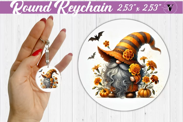Round Keychain | Gnome with Flowers | Spring