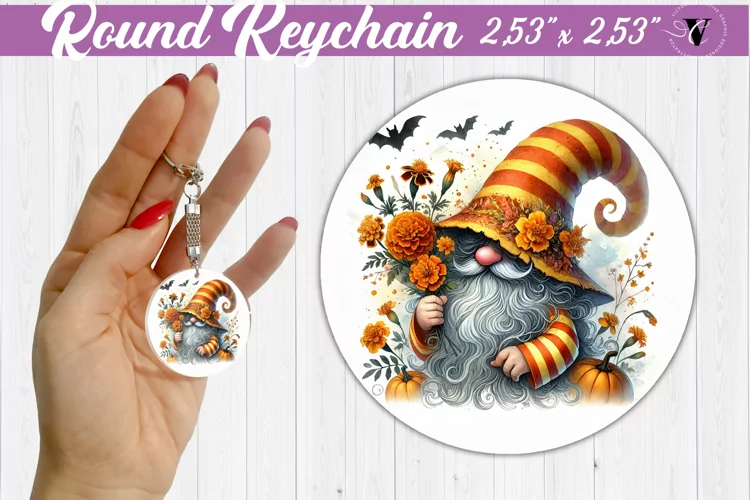 Round Keychain | Gnome with Flowers | Spring
