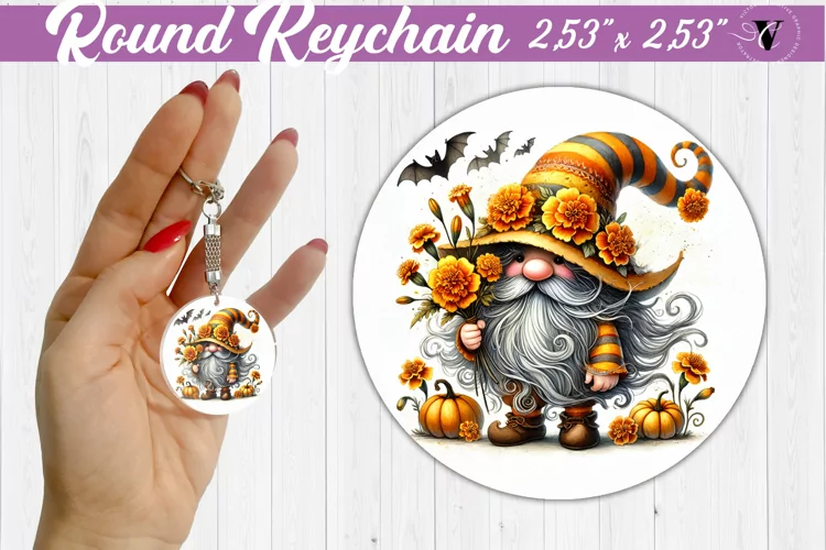 Round Keychain | Gnome with Flowers | Spring