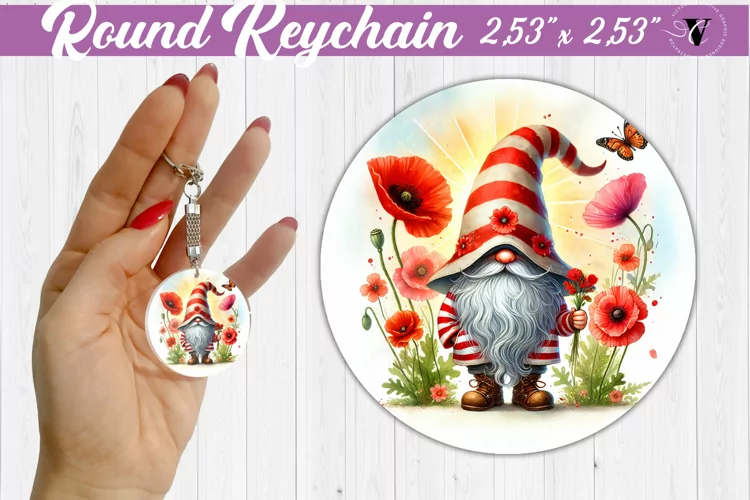 Round Keychain | Gnome with Flowers | Spring